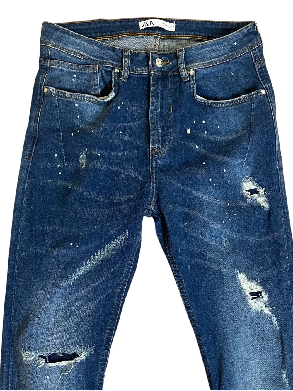 Zara Men's Dark Blue Slim Distressed Paint Splatter Jeans Sz 31